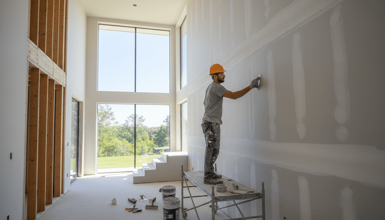 Professional contractor applying finishing touches to drywall in a residential home