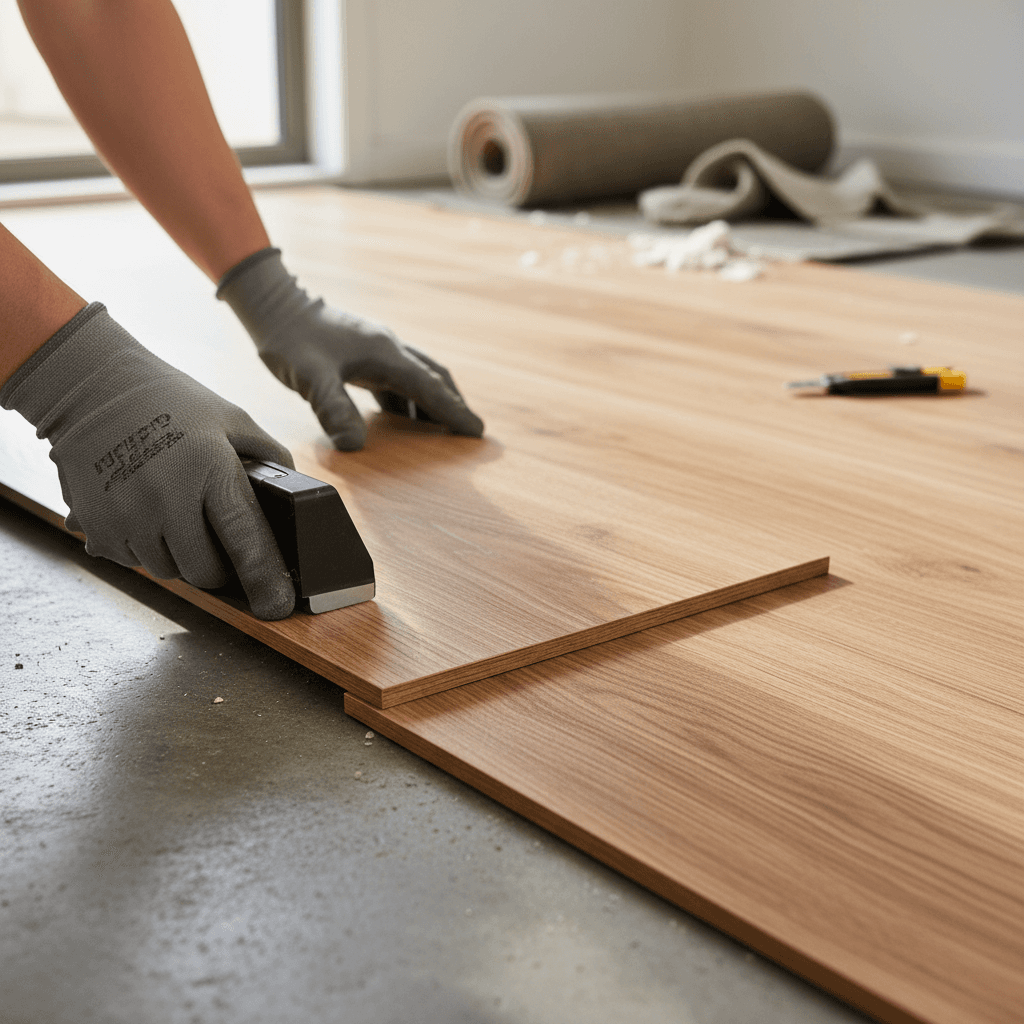 Flooring technician's hands installing interlocking laminate planks with tapping block on residential floor